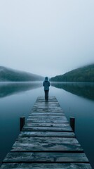 Contemplative Silence: A Lone Figure on Fog-Enshrouded Dock Person standing at end of dock, misty lake, serene atmosphere, wooden pier, reflective water, foggy environment, solitude, contemplative