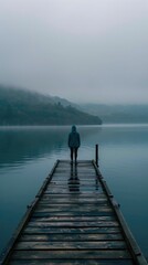 Solitude on the Lake: Reflective Water and Misty Horizon in Serene Scene Person standing at end of...