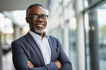 Confident CEO in suit posing in modern office environment