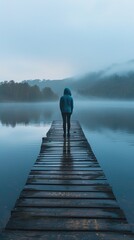 Person standing at the end of a wooden dock, early morning fog over a calm lake, blue tones, tranquil scene, reflection of trees in water, serene nature backdrop, outdoor solitude