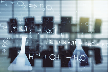 Double exposure of abstract virtual chemistry hologram on a modern meeting room background,...