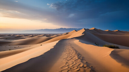 Fototapeta na wymiar Desert Sands Embrace the Changing Sky in a Stunning Display of Sunset and Sunrise Beauty