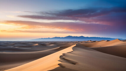 Golden Horizon Over Beach and Desert Landscape with Vibrant Sunset Sky, Sand Dunes, and a Serene...