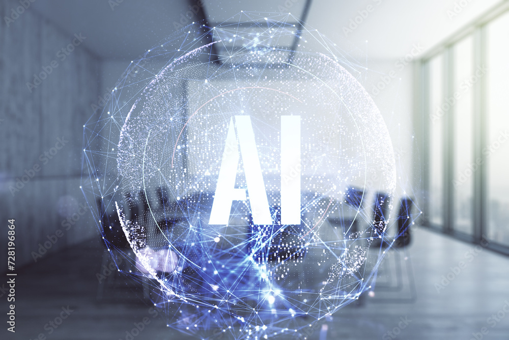 Poster creative artificial intelligence symbol hologram on a modern coworking room background. double expos