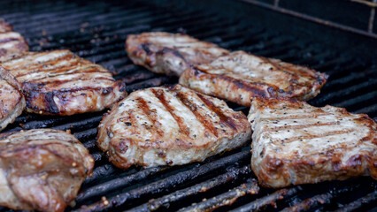 Grilled meat steak on stainless BBQ grill with flames on dark background. Food and cuisine concept.