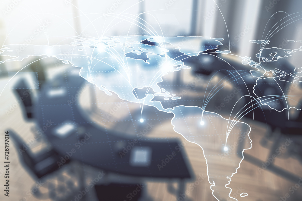 Poster double exposure of abstract digital world map hologram with connections on a modern boardroom backgr