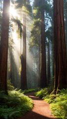 Towering Redwood Forest with Sunlight Filtering Through Canopy
