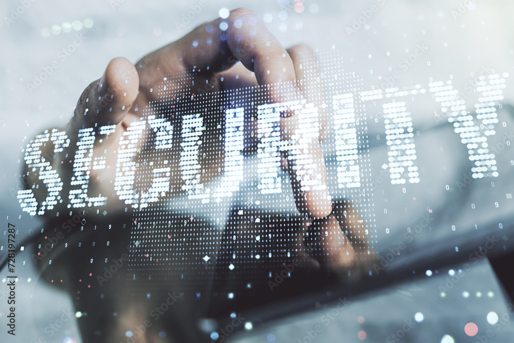 Poster cyber security creative concept with finger clicks on a digital tablet on background. double exposur
