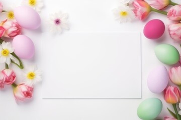 Naklejka na ściany i meble Colorful easter eggs and beautiful flower arranged around white background. Happy easter day background concept with white paper copyspace for writing