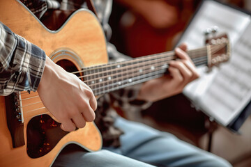 Young musician strumming an acoustic guitar with sheet music