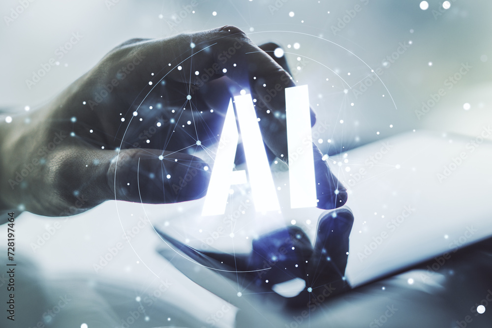 Poster creative artificial intelligence symbol concept with finger clicks on a digital tablet on background