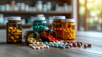 Colorful bottles filled with an array of pills and vitamins create a vibrant mosaic. Each container holds a unique blend, promising wellness in every hue. - obrazy, fototapety, plakaty