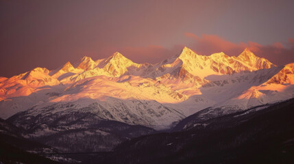A view of snowcovered mountains in the distance their peaks glowing in the warm light of the setting sun.