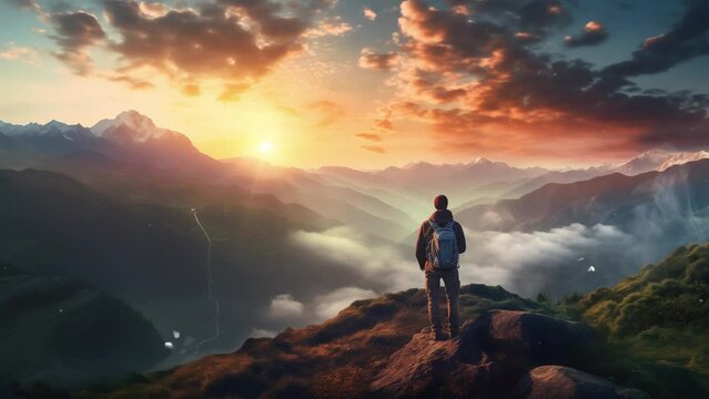 tourist at sunrise in the mountains. person on top of mountain. seamless looping overlay 4k virtual video animation background 