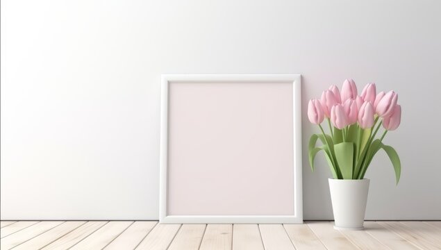 Blank white photo frame mockup and pink tulips flower in the side on the wooden white floor. Photo frame mockup with white wall background