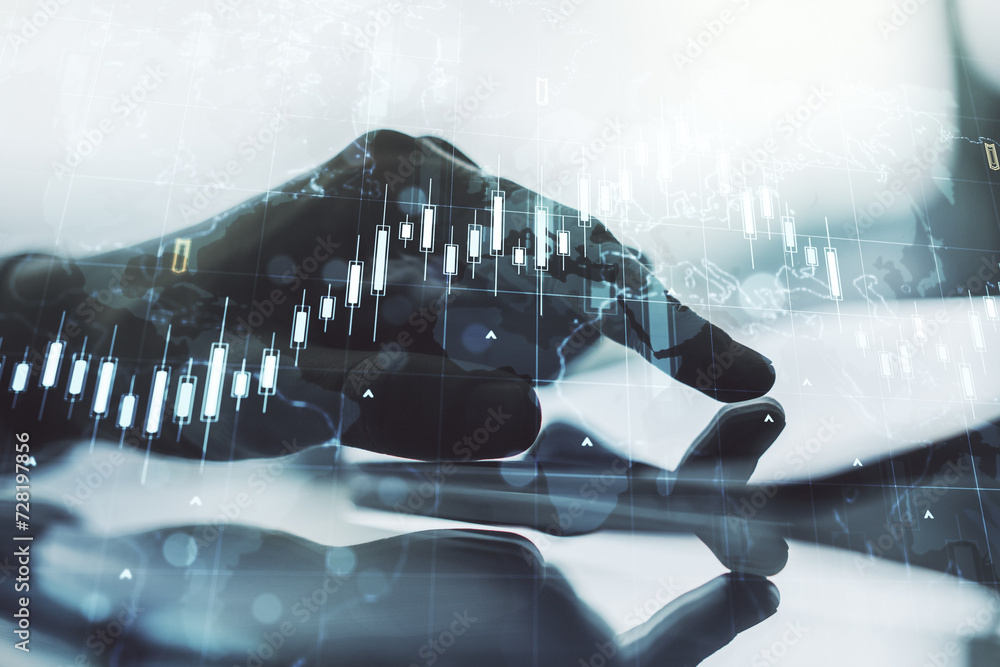 Poster Multi exposure of abstract creative financial chart with world map and with finger presses on a digital tablet on background, research and analytics concept