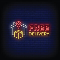 Obraz premium Neon Sign free delivery with brick wall background vector