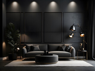 interior dark background illustration black minimalist design, modern elegant, dramatic chic design interior dark background design.