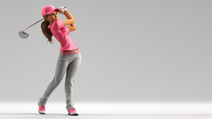 A woman cartoon golf player in pink jersey with a stick