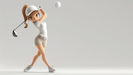 A woman cartoon golf player in white jersey with a stick