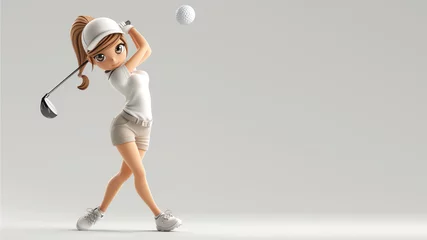 Foto op Canvas A woman cartoon golf player in white jersey with a stick © Ari