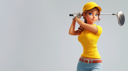 A woman cartoon golf player in yellow jersey with a stick