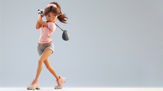 A woman cartoon golf player in pink jersey with a stick