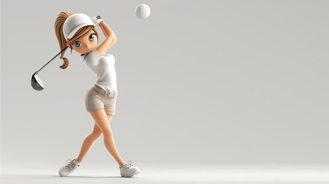 A woman cartoon golf player in white jersey with a stick