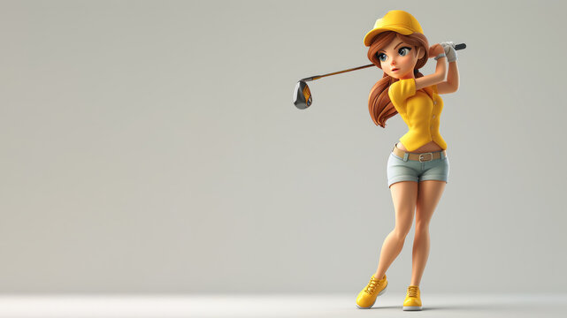 A woman cartoon golf player in yellow jersey with a stick