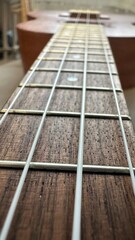 four strings ukulele guitar closeup on blurred background