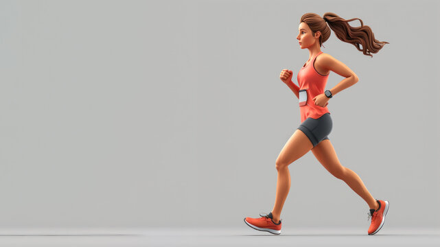 A woman cartoon athletic run in red jersey isolated on gray