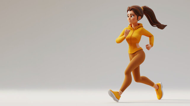 A woman cartoon athletic run in yellow jersey isolated on gray