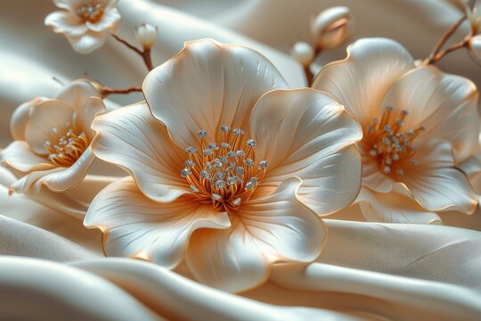Gorgeous jewelry, roses, and flowers as decorations; luxurious silk background print; 3D wallpaper