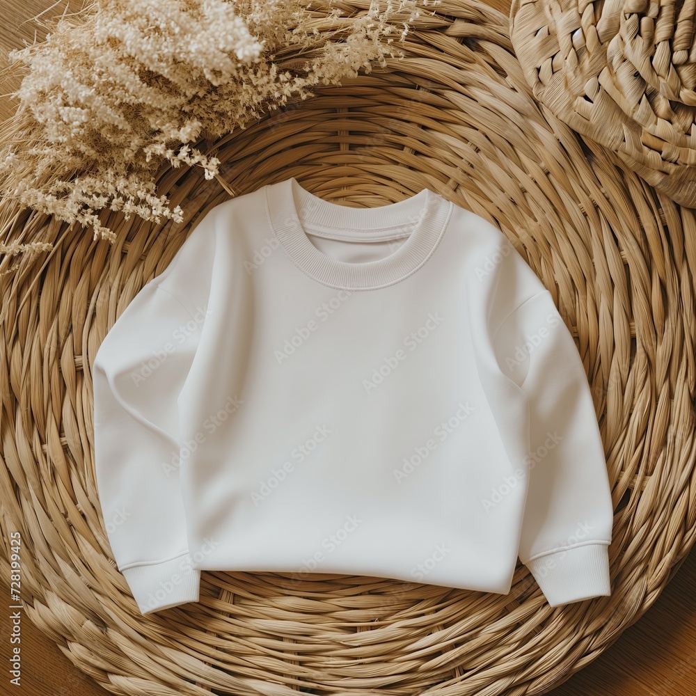 Poster A soft white sweatshirt on a round woven rattan placemat. Sweatshirt mockup photo with the natural and soft lighting.