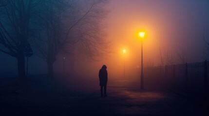 Solitary Figure on a Foggy Twilight Street: A Scene of Mystery and Solitude Silhouette of person standing alone, foggy street, illuminated by street lamps, twilight ambiance, trees in mist

