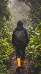 Trekker in Rainforest with Yellow Orange Boots: rainforest journey, hiking adventure, outdoor trekking