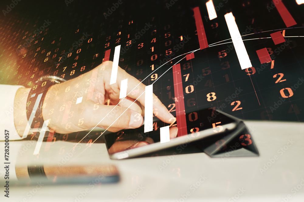 Poster double exposure of abstract creative financial chart with finger clicks on a digital tablet on backg