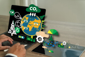 Reduce CO2 emissions and carbon  Businessman working virtual modern computer to reduce CO2