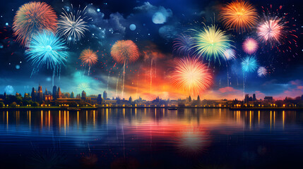 Fototapeta na wymiar Colorful fireworks festival happy new year.