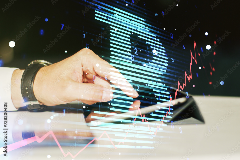 Poster double exposure of creative bitcoin symbol hologram and hand working with a digital tablet on backgr