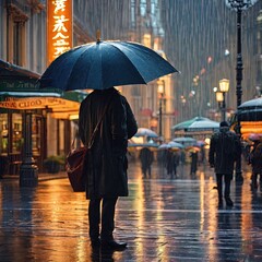 person walking in the rain at night Generative Ai  