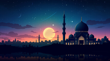 art illustration featuring a mosque silhouette. islamic ramadan background - obrazy, fototapety, plakaty