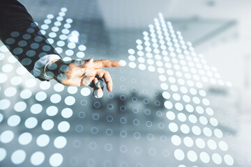 Man hand clicks on virtual upward arrows illustration on blurred office background. Breakthrough...