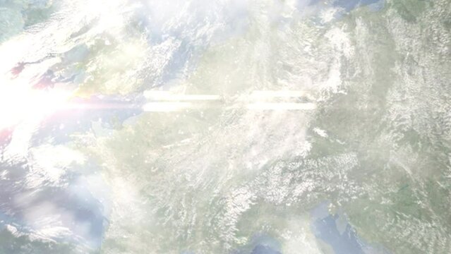 Zoom in from space and focus on Merzig, Germany. 3D Animation. Background for travel intro. Elements of this image furnished by NASA.