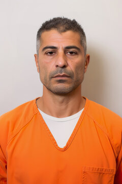 Prison mugshot of middle aged Arab man in orange jumpsuit