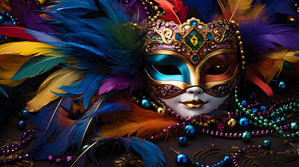 Colorful Mardi Gras beads, feathers, and carnival mask.