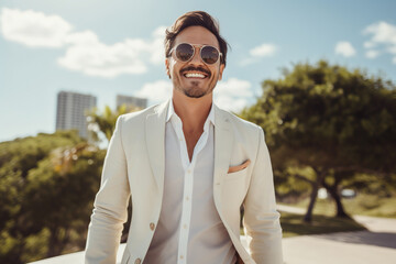 Obraz premium Hispanic Man in Suit Enjoying Sunlight Outdoors, Smiling