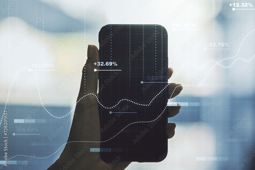 Poster Multi exposure of abstract graphic data spreadsheet sketch and hand with mobile phone on background, analytics and analysis concept