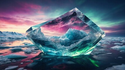 Imaginary Aurora Borealis Iceberg Diamond Crystal Amidst Arctic Landscape - obrazy, fototapety, plakaty