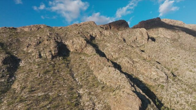 Dramatic Desert Landscape, Flying In Towards Stunning Mountain in Tucson Arizona in Daytime, Catalina mountain Range